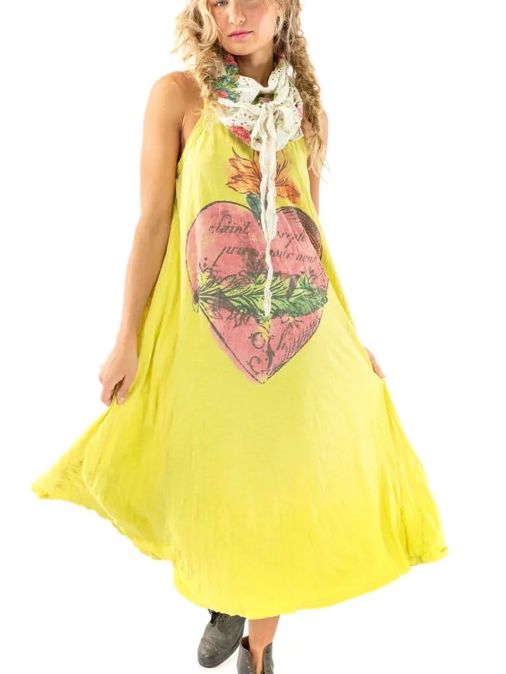NWT Magnolia Pearl Awaken Heart Lana Tank Dress Yellow Horchata OS Rare